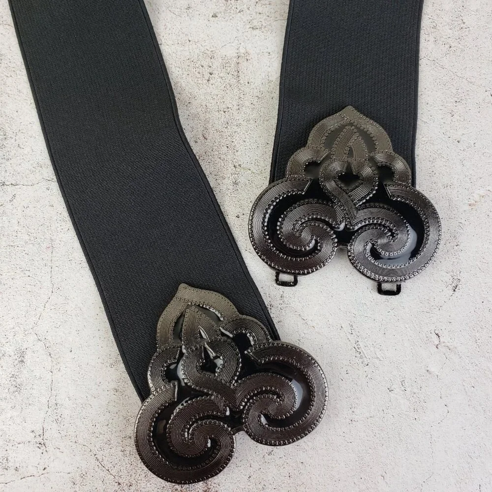 Vintage Wide Elastic Belt Enameled Buckle Boho Whimsigoth Art Deco Adjustable